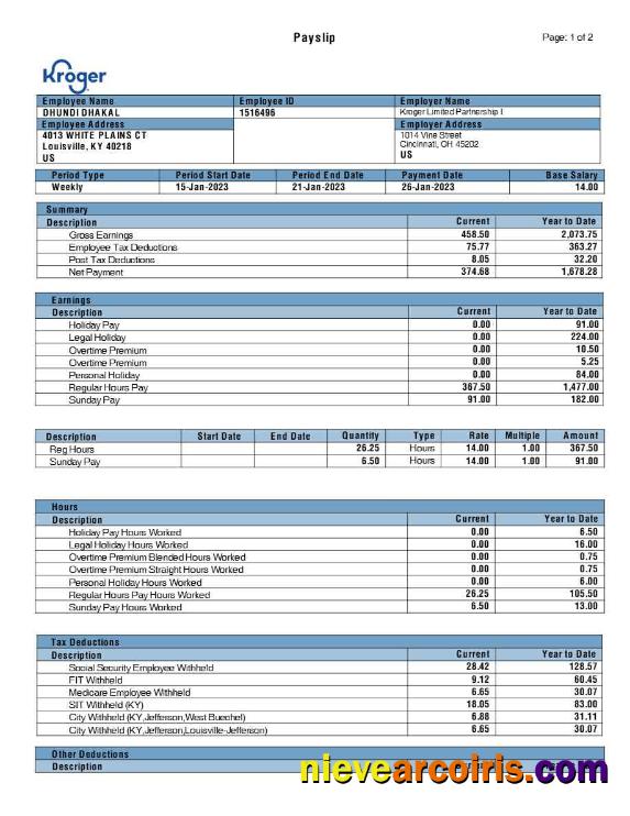 Kroger grocery payslip